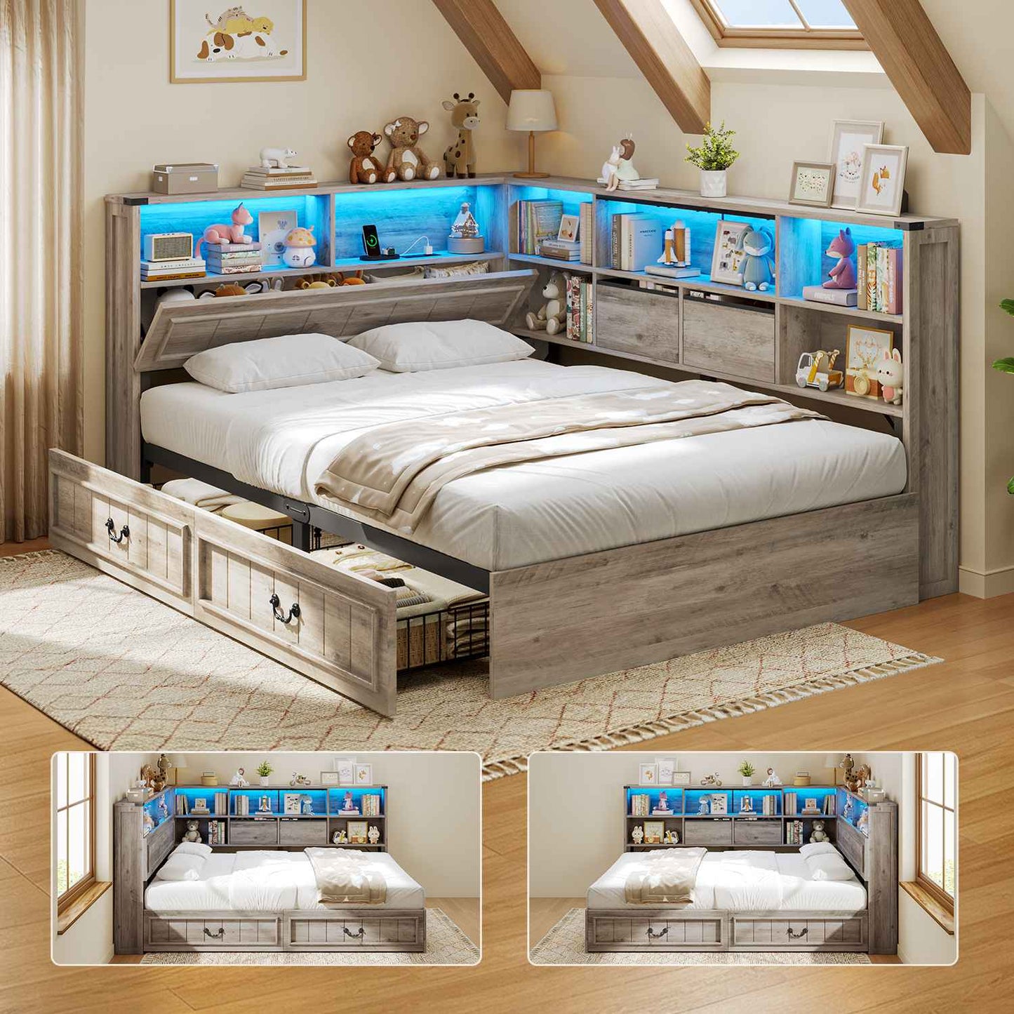AOGLLATI Full Corner Bed Frame with Storage Drawers and Bookcase Hidden Headboard Farmhouse Led Wood Daybed with Charging Station for Kids Teens