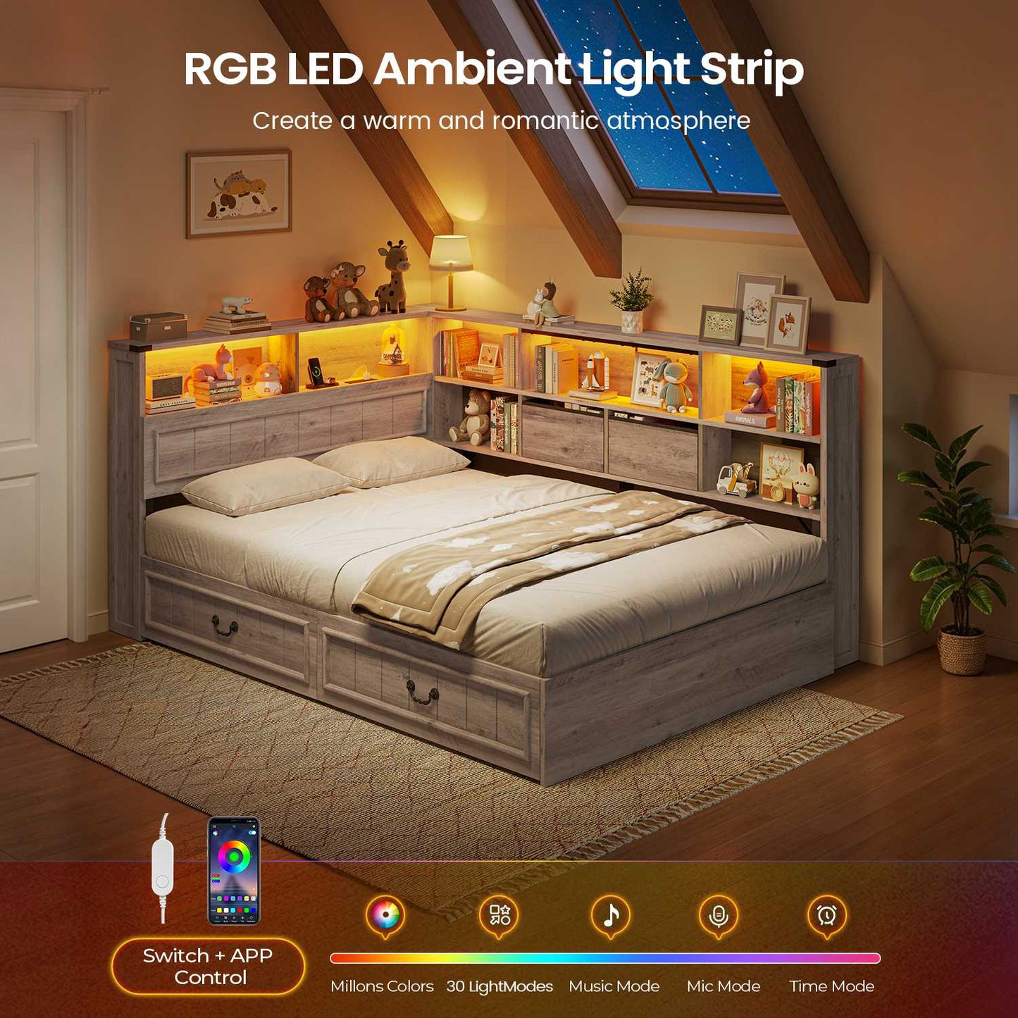 AOGLLATI Full Corner Bed Frame with Storage Drawers and Bookcase Hidden Headboard Farmhouse Led Wood Daybed with Charging Station for Kids Teens