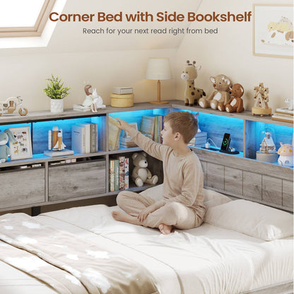 AOGLLATI Full Corner Bed Frame with Storage Drawers and Bookcase Hidden Headboard Farmhouse Led Wood Daybed with Charging Station for Kids Teens
