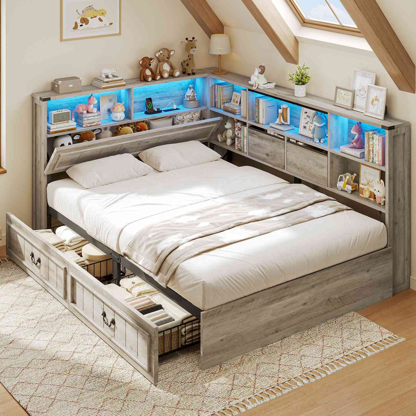 AOGLLATI Full Corner Bed Frame with Storage Drawers and Bookcase Hidden Headboard Farmhouse Led Wood Daybed with Charging Station for Kids Teens