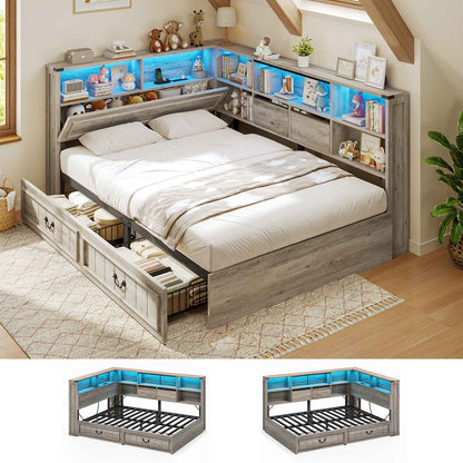 AOGLLATI Full Corner Bed Frame with Storage Drawers and Bookcase Hidden Headboard Farmhouse Led Wood Daybed with Charging Station for Kids Teens