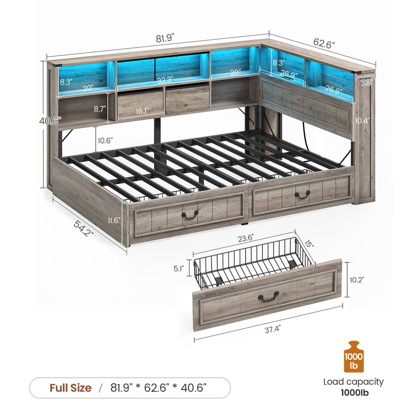 AOGLLATI Full Corner Bed Frame with Storage Drawers and Bookcase Hidden Headboard Farmhouse Led Wood Daybed with Charging Station for Kids Teens