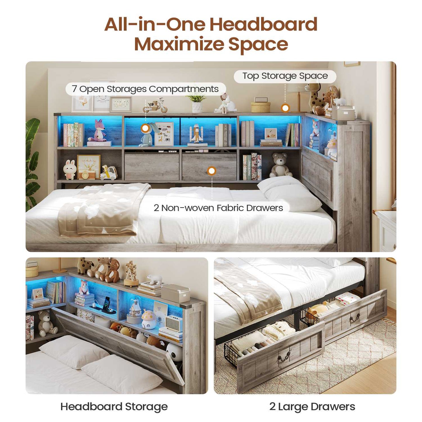 AOGLLATI Full Corner Bed Frame with Storage Drawers and Bookcase Hidden Headboard Farmhouse Led Wood Daybed with Charging Station for Kids Teens