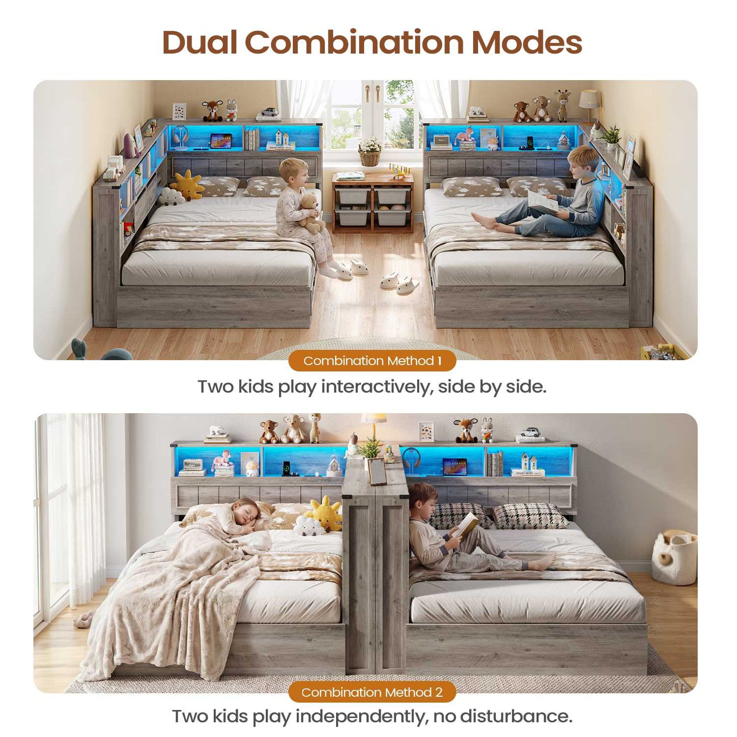 AOGLLATI Full Corner Bed Frame with Storage Drawers and Bookcase Hidden Headboard Farmhouse Led Wood Daybed with Charging Station for Kids Teens