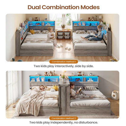 AOGLLATI Full Corner Bed Frame with Storage Drawers and Bookcase Hidden Headboard Farmhouse Led Wood Daybed with Charging Station for Kids Teens