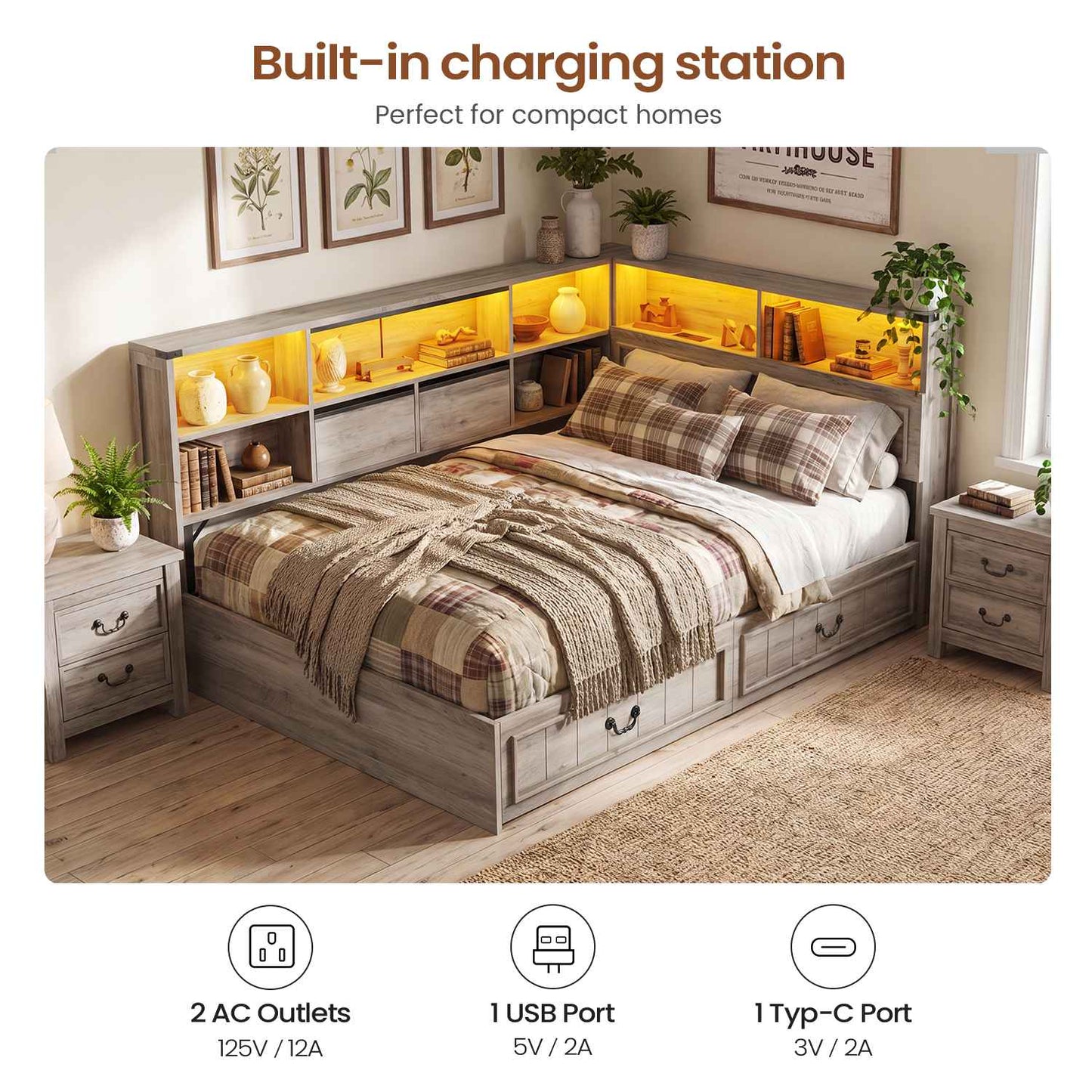 AOGLLATI Full Corner Bed Frame with Storage Drawers and Bookcase Hidden Headboard Farmhouse Led Wood Daybed with Charging Station for Kids Teens