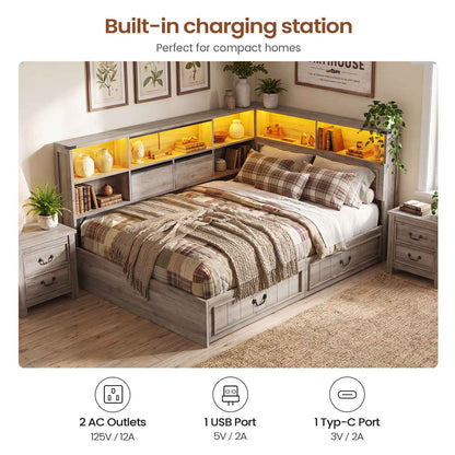 AOGLLATI Full Corner Bed Frame with Storage Drawers and Bookcase Hidden Headboard Farmhouse Led Wood Daybed with Charging Station for Kids Teens