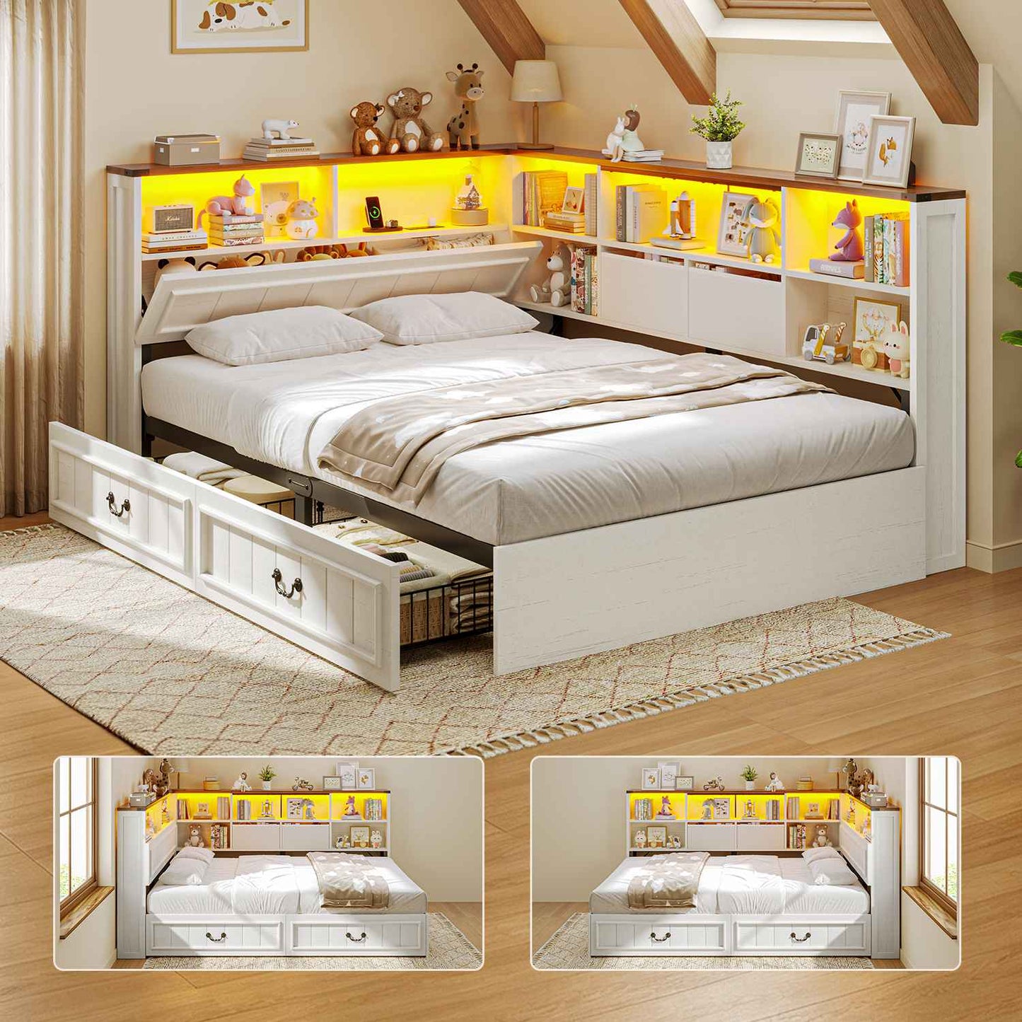 AOGLLATI Full Corner Bed Frame with Storage Drawers and Bookcase Hidden Headboard Farmhouse Led Wood Daybed with Charging Station for Kids Teens