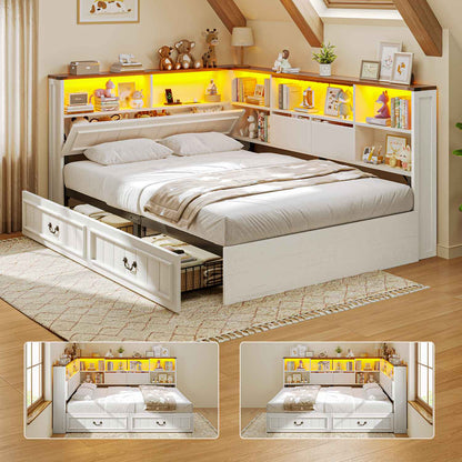 AOGLLATI Full Corner Bed Frame with Storage Drawers and Bookcase Hidden Headboard Farmhouse Led Wood Daybed with Charging Station for Kids Teens