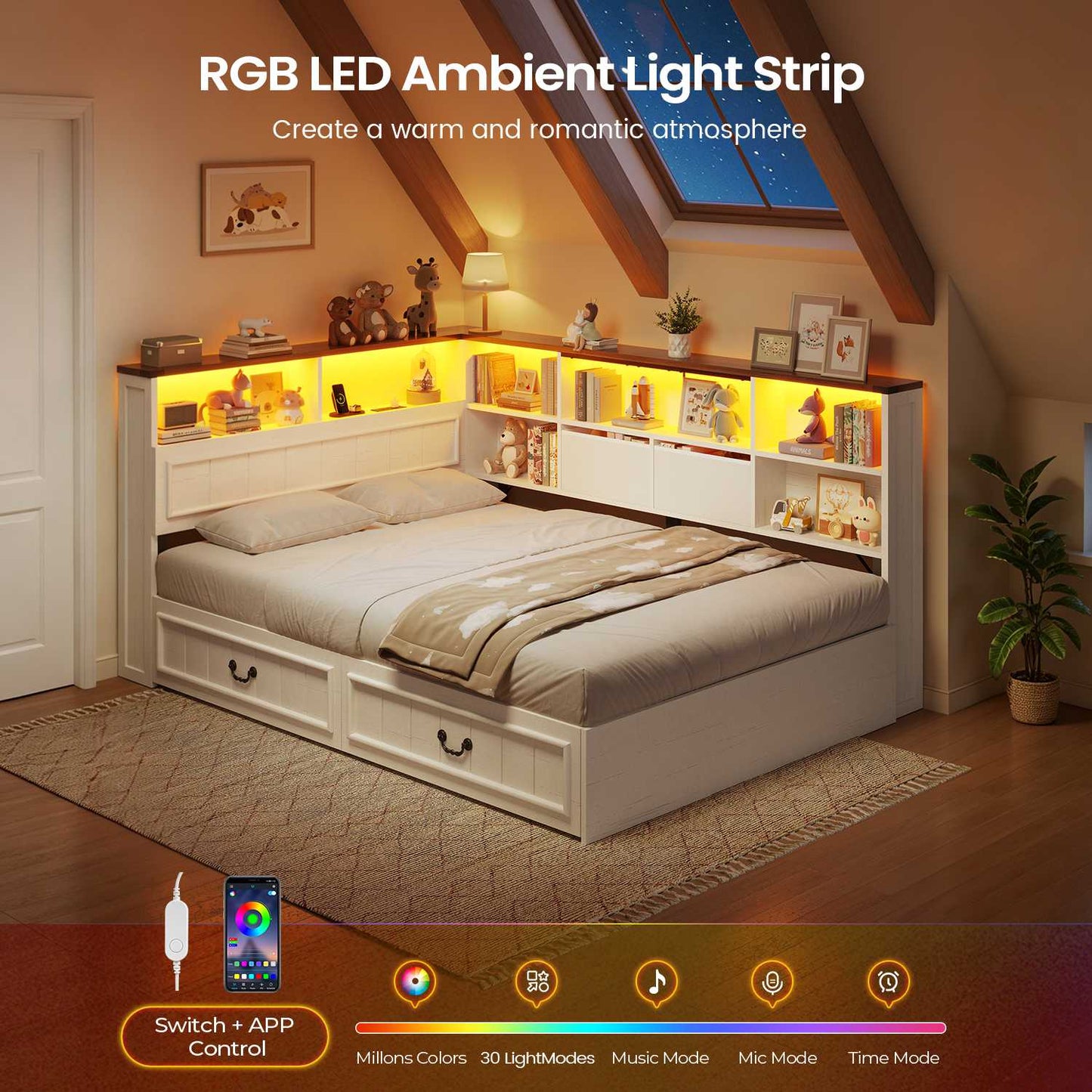 AOGLLATI Full Corner Bed Frame with Storage Drawers and Bookcase Hidden Headboard Farmhouse Led Wood Daybed with Charging Station for Kids Teens