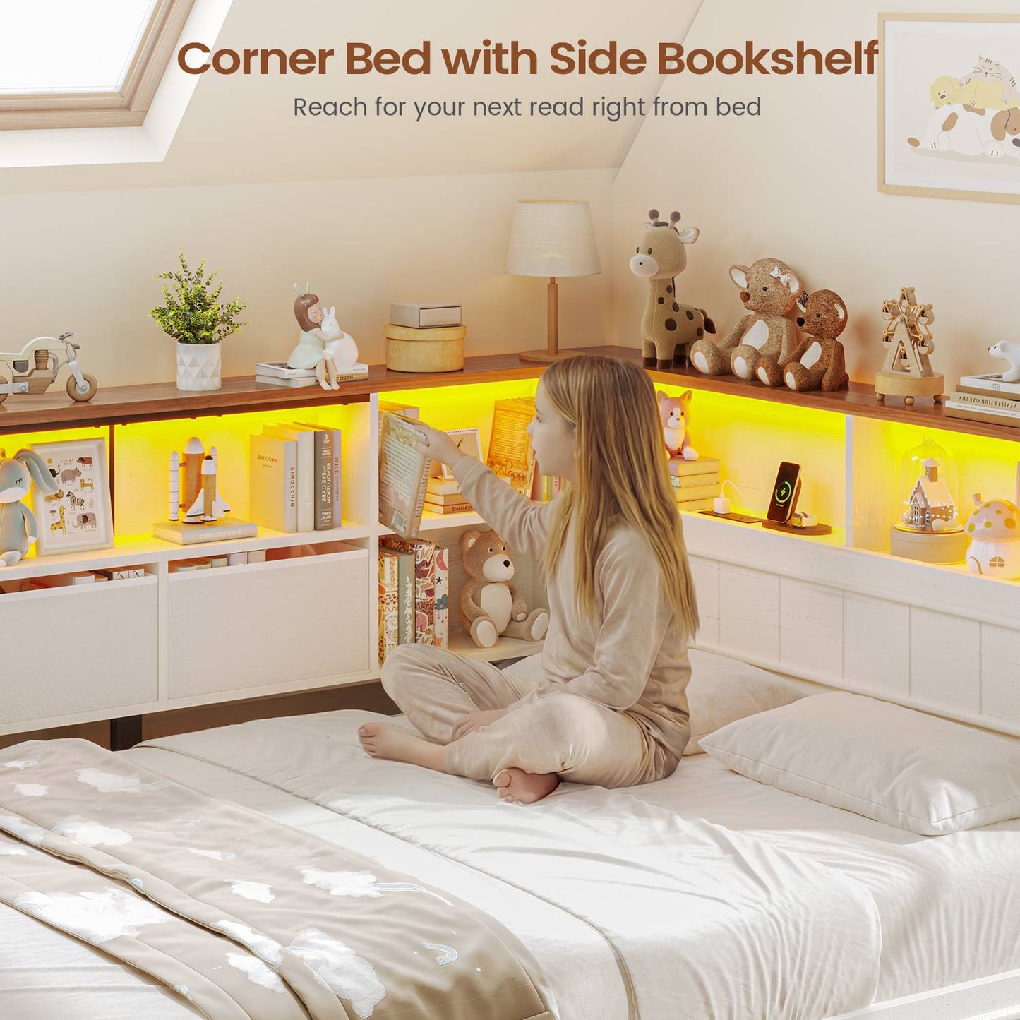 AOGLLATI Full Corner Bed Frame with Storage Drawers and Bookcase Hidden Headboard Farmhouse Led Wood Daybed with Charging Station for Kids Teens
