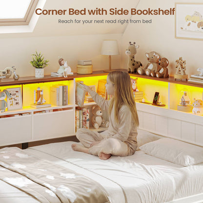 AOGLLATI Full Corner Bed Frame with Storage Drawers and Bookcase Hidden Headboard Farmhouse Led Wood Daybed with Charging Station for Kids Teens