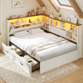 AOGLLATI Full Corner Bed Frame with Storage Drawers and Bookcase Hidden Headboard Farmhouse Led Wood Daybed with Charging Station for Kids Teens