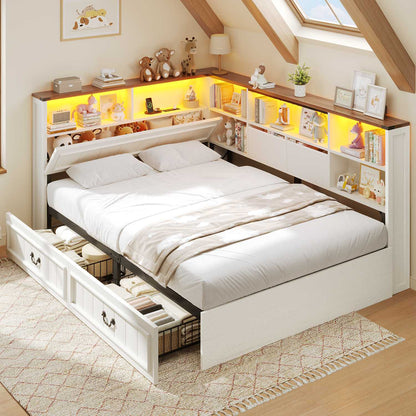 AOGLLATI Full Corner Bed Frame with Storage Drawers and Bookcase Hidden Headboard Farmhouse Led Wood Daybed with Charging Station for Kids Teens