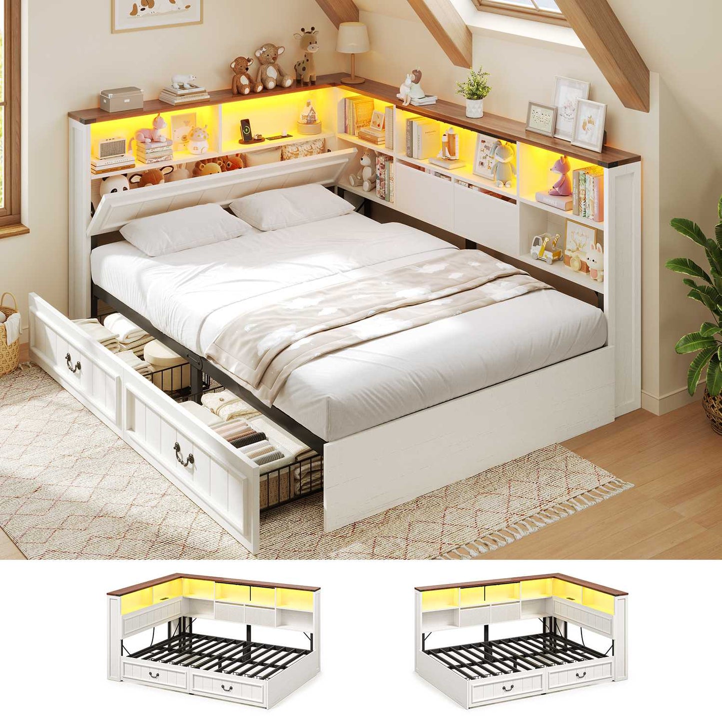 AOGLLATI Full Corner Bed Frame with Storage Drawers and Bookcase Hidden Headboard Farmhouse Led Wood Daybed with Charging Station for Kids Teens
