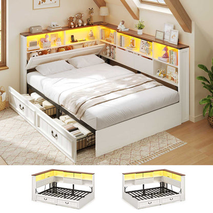 AOGLLATI Full Corner Bed Frame with Storage Drawers and Bookcase Hidden Headboard Farmhouse Led Wood Daybed with Charging Station for Kids Teens