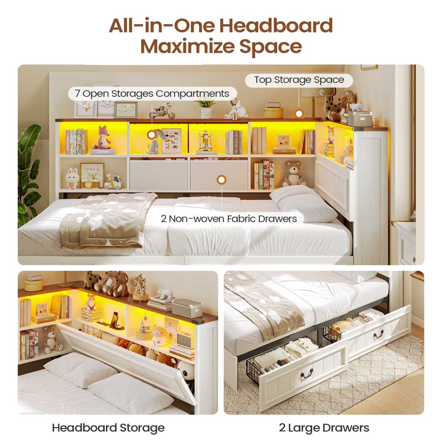 AOGLLATI Full Corner Bed Frame with Storage Drawers and Bookcase Hidden Headboard Farmhouse Led Wood Daybed with Charging Station for Kids Teens