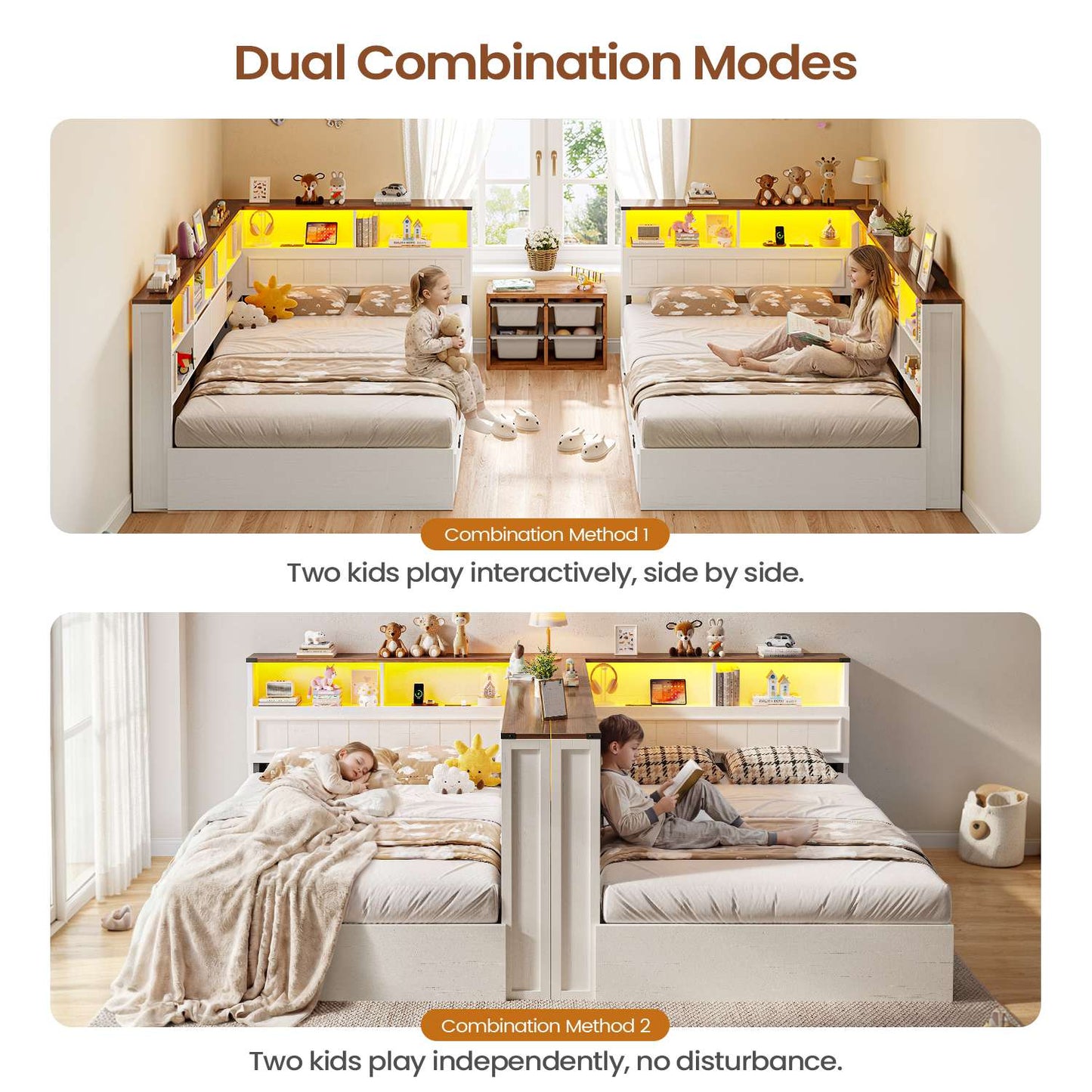 AOGLLATI Full Corner Bed Frame with Storage Drawers and Bookcase Hidden Headboard Farmhouse Led Wood Daybed with Charging Station for Kids Teens