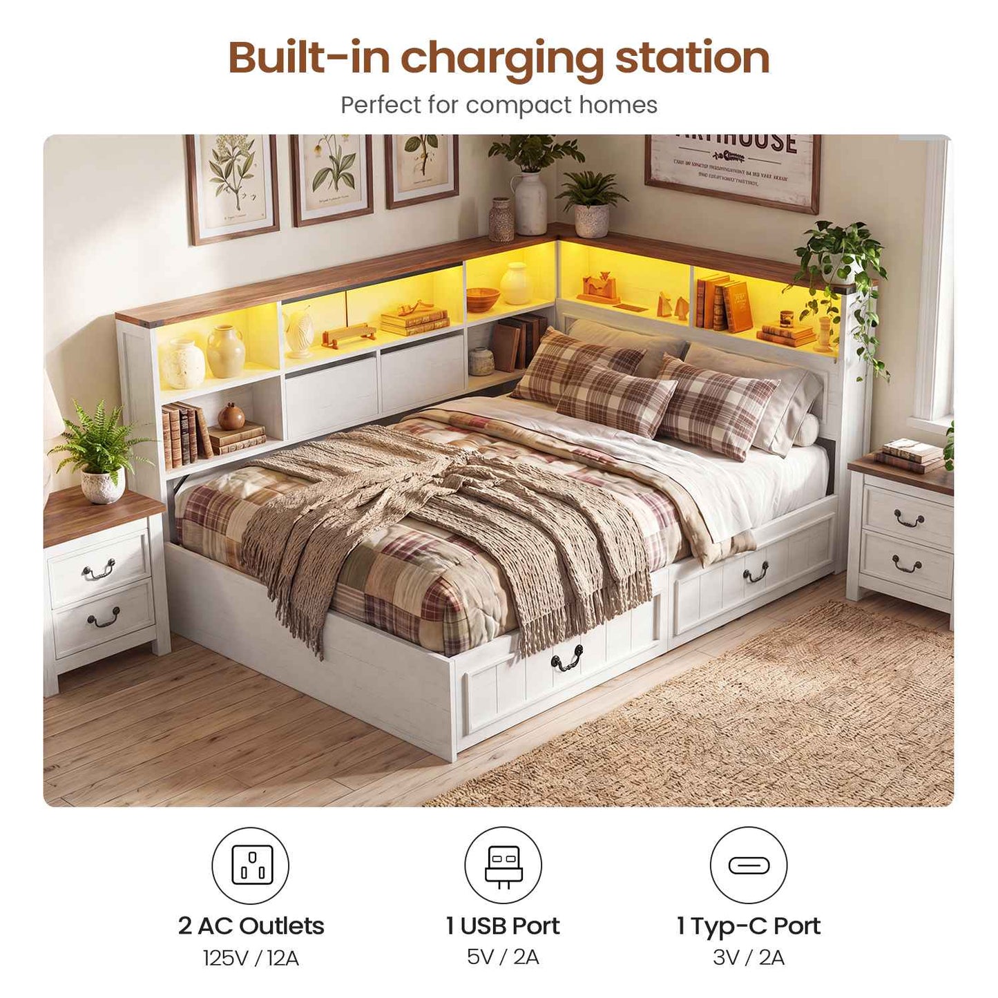 AOGLLATI Full Corner Bed Frame with Storage Drawers and Bookcase Hidden Headboard Farmhouse Led Wood Daybed with Charging Station for Kids Teens