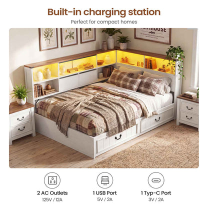 AOGLLATI Full Corner Bed Frame with Storage Drawers and Bookcase Hidden Headboard Farmhouse Led Wood Daybed with Charging Station for Kids Teens