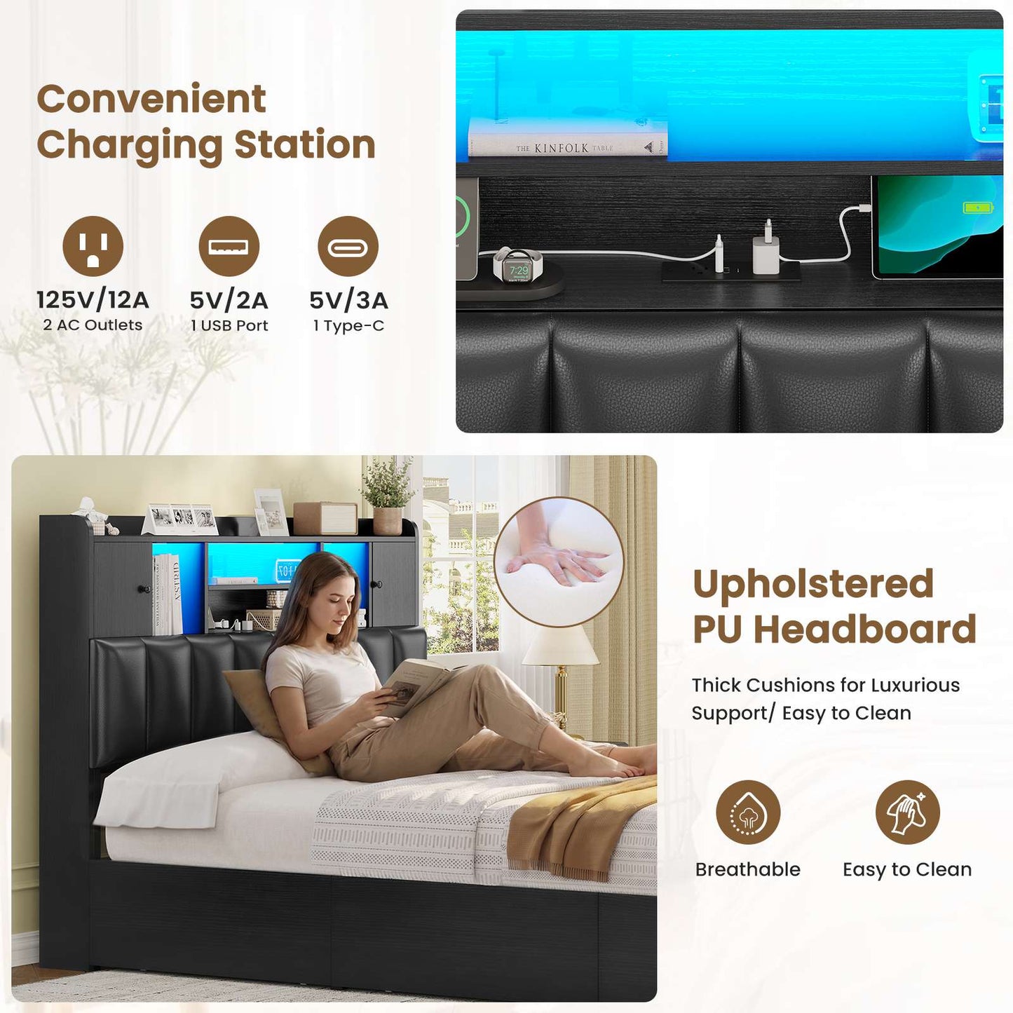 AOGLLATI Full Bed Frame with 6 Storage Drawers and 3-Tier Headboard Upholstered Led Bed Frame with Charging Station and 2 Cabinet Storage