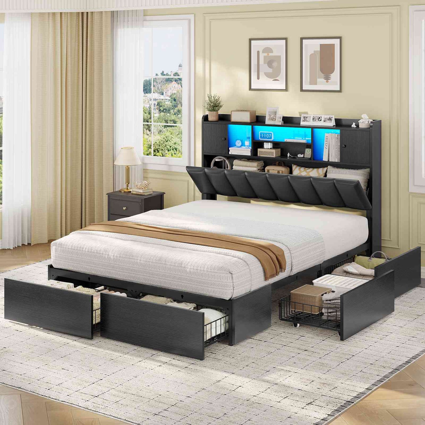 AOGLLATI Full Bed Frame with 6 Storage Drawers and 3-Tier Headboard Upholstered Led Bed Frame with Charging Station and 2 Cabinet Storage