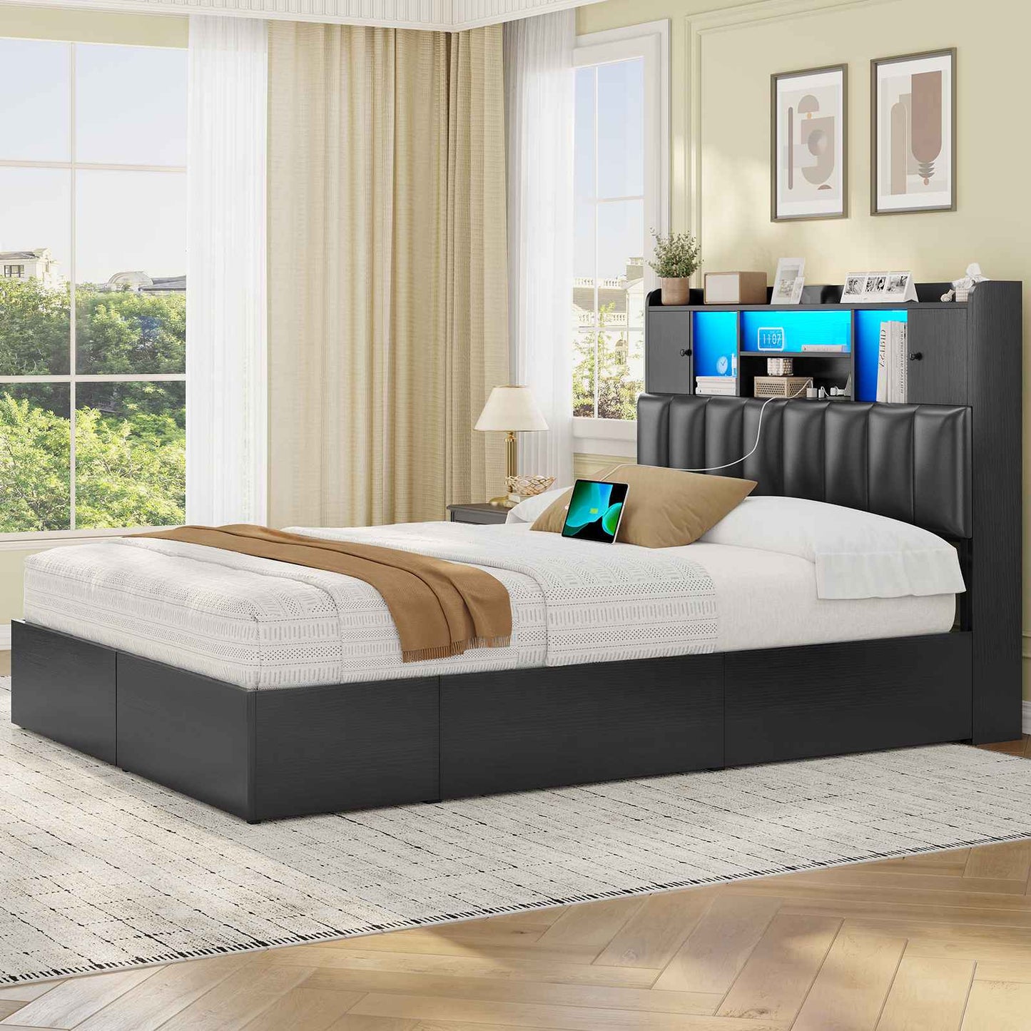 AOGLLATI Full Bed Frame with 6 Storage Drawers and 3-Tier Headboard Upholstered Led Bed Frame with Charging Station and 2 Cabinet Storage