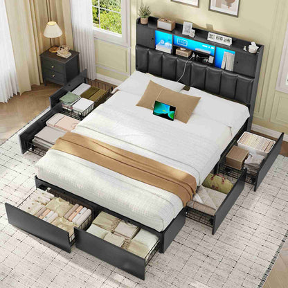 AOGLLATI Full Bed Frame with 6 Storage Drawers and 3-Tier Headboard Upholstered Led Bed Frame with Charging Station and 2 Cabinet Storage