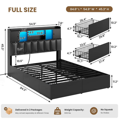AOGLLATI Full Bed Frame with 6 Storage Drawers and 3-Tier Headboard Upholstered Led Bed Frame with Charging Station and 2 Cabinet Storage