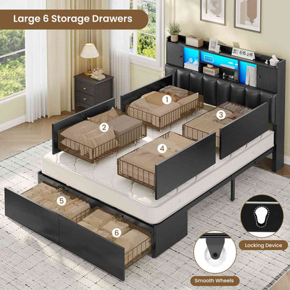 AOGLLATI Full Bed Frame with 6 Storage Drawers and 3-Tier Headboard Upholstered Led Bed Frame with Charging Station and 2 Cabinet Storage