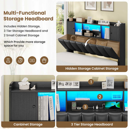 AOGLLATI Full Bed Frame with 6 Storage Drawers and 3-Tier Headboard Upholstered Led Bed Frame with Charging Station and 2 Cabinet Storage