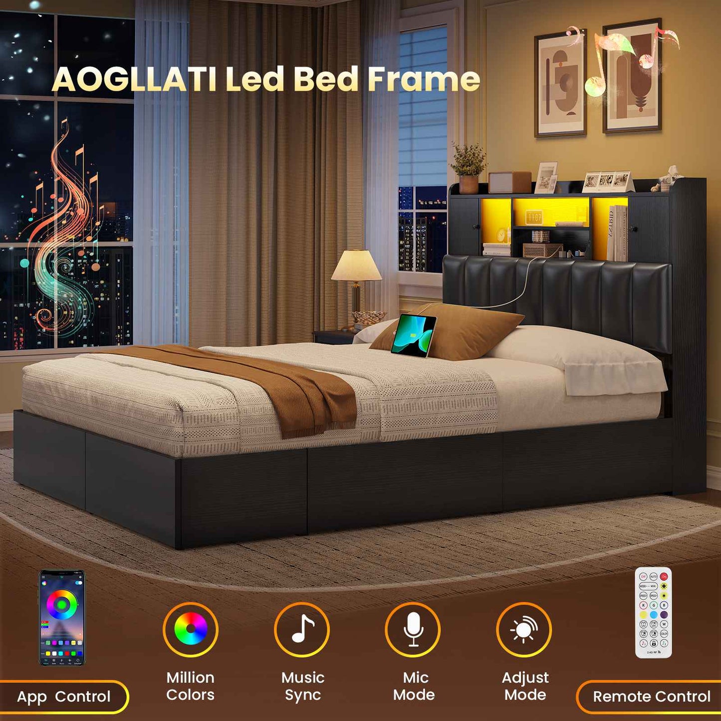 AOGLLATI Full Bed Frame with 6 Storage Drawers and 3-Tier Headboard Upholstered Led Bed Frame with Charging Station and 2 Cabinet Storage