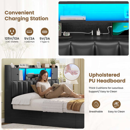 AOGLLATI Queen Bed Frame with 6 Storage Drawers and 3-Tier Headboard Upholstered Led Bed Frame with Charging Station and 2 Cabinet Storage