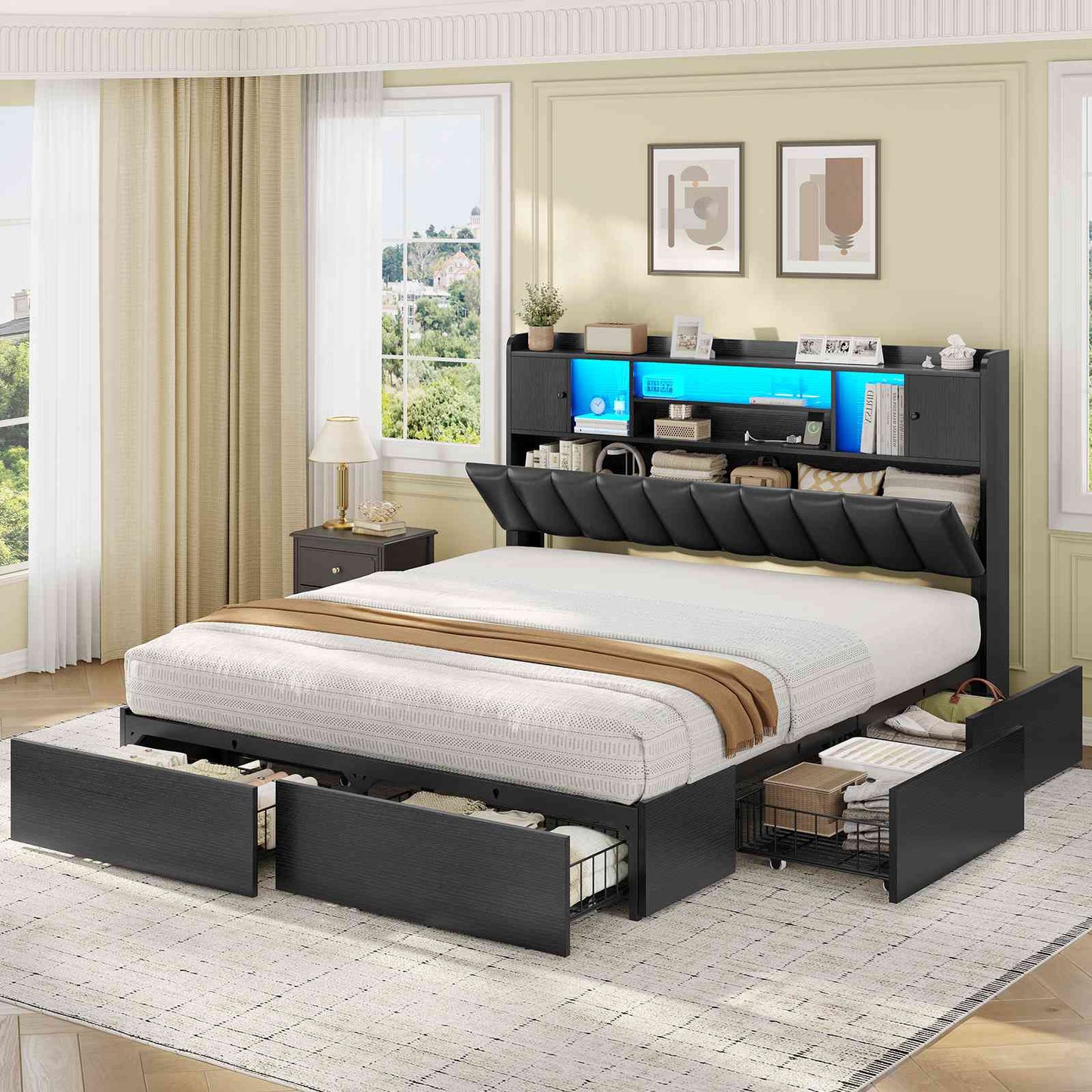 AOGLLATI Queen Bed Frame with 6 Storage Drawers and 3-Tier Headboard Upholstered Led Bed Frame with Charging Station and 2 Cabinet Storage