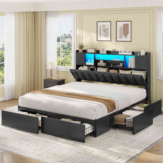 AOGLLATI Queen Bed Frame with 6 Storage Drawers and 3-Tier Headboard Upholstered Led Bed Frame with Charging Station and 2 Cabinet Storage