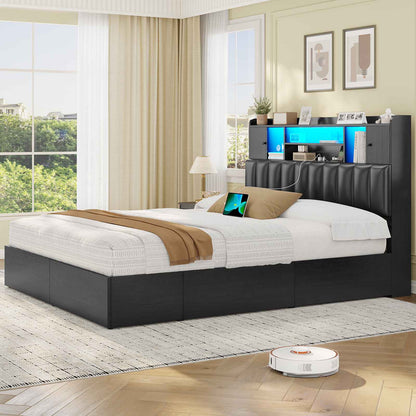 AOGLLATI Queen Bed Frame with 6 Storage Drawers and 3-Tier Headboard Upholstered Led Bed Frame with Charging Station and 2 Cabinet Storage