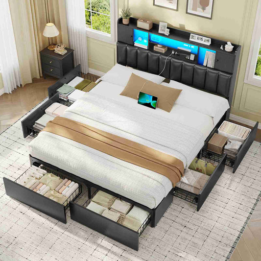 AOGLLATI Queen Bed Frame with 6 Storage Drawers and 3-Tier Headboard Upholstered Led Bed Frame with Charging Station and 2 Cabinet Storage