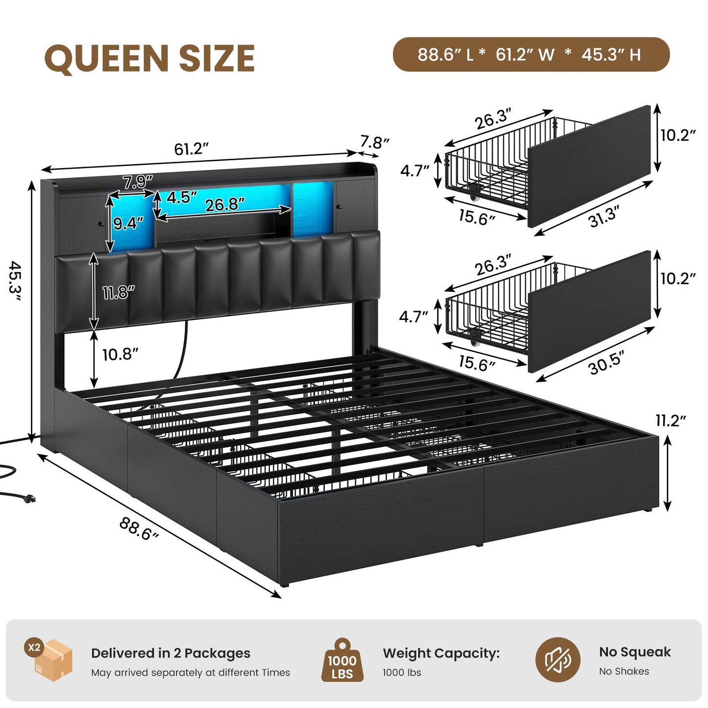 AOGLLATI Queen Bed Frame with 6 Storage Drawers and 3-Tier Headboard Upholstered Led Bed Frame with Charging Station and 2 Cabinet Storage
