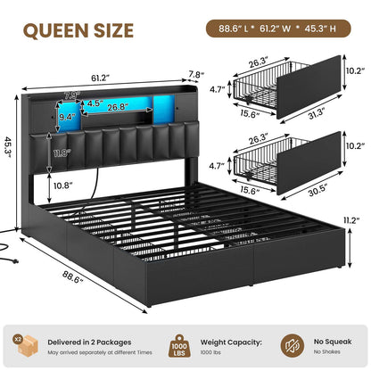 AOGLLATI Queen Bed Frame with 6 Storage Drawers and 3-Tier Headboard Upholstered Led Bed Frame with Charging Station and 2 Cabinet Storage