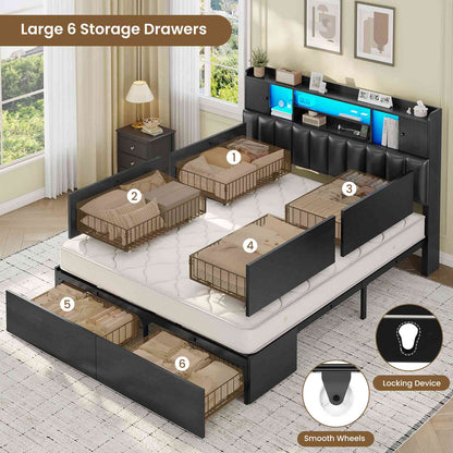 AOGLLATI Queen Bed Frame with 6 Storage Drawers and 3-Tier Headboard Upholstered Led Bed Frame with Charging Station and 2 Cabinet Storage