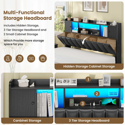 AOGLLATI Queen Bed Frame with 6 Storage Drawers and 3-Tier Headboard Upholstered Led Bed Frame with Charging Station and 2 Cabinet Storage