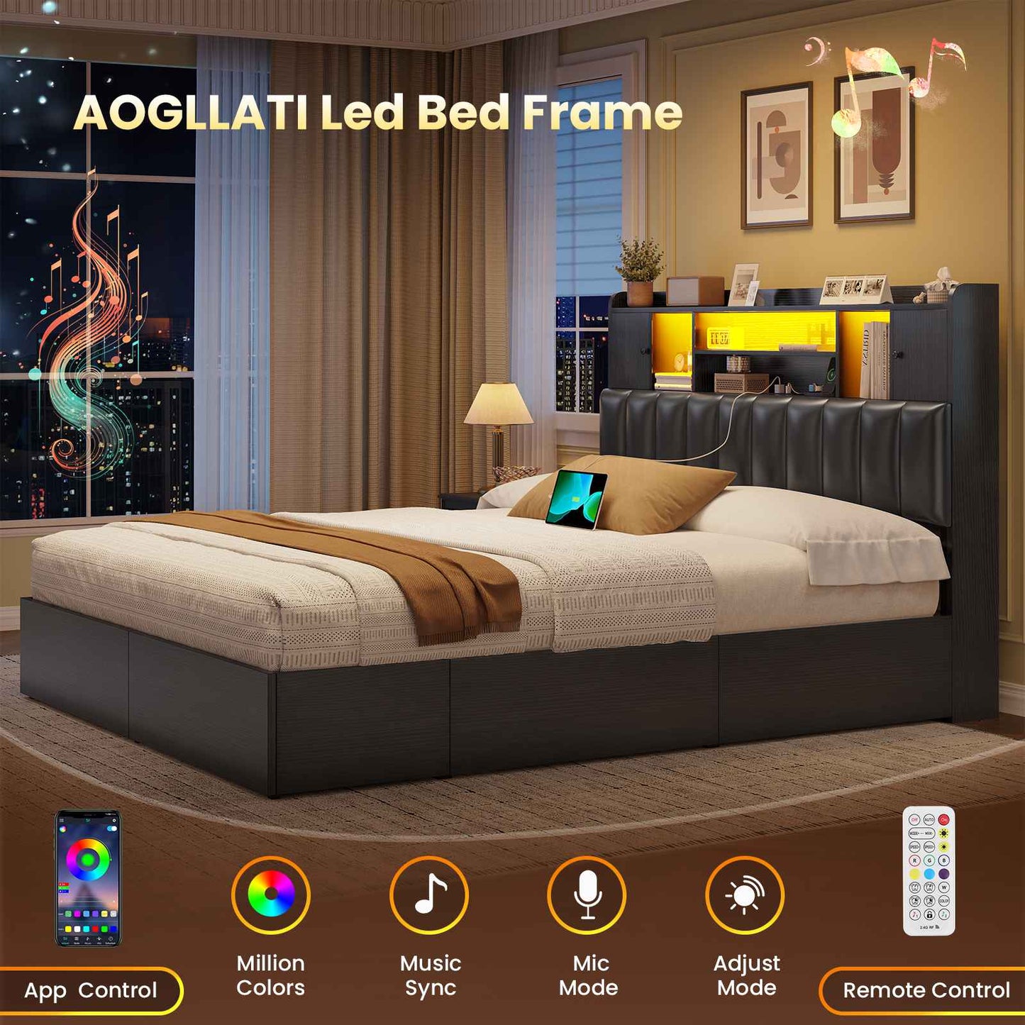 AOGLLATI Queen Bed Frame with 6 Storage Drawers and 3-Tier Headboard Upholstered Led Bed Frame with Charging Station and 2 Cabinet Storage