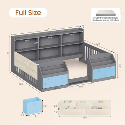 AOGLLATI Full Size Floor Wooden Montessori Bed Frame with 4 Fabric Drawers and Both Sides Bookshelves 2-Tier Side Shelf Side Pockets and Rails
