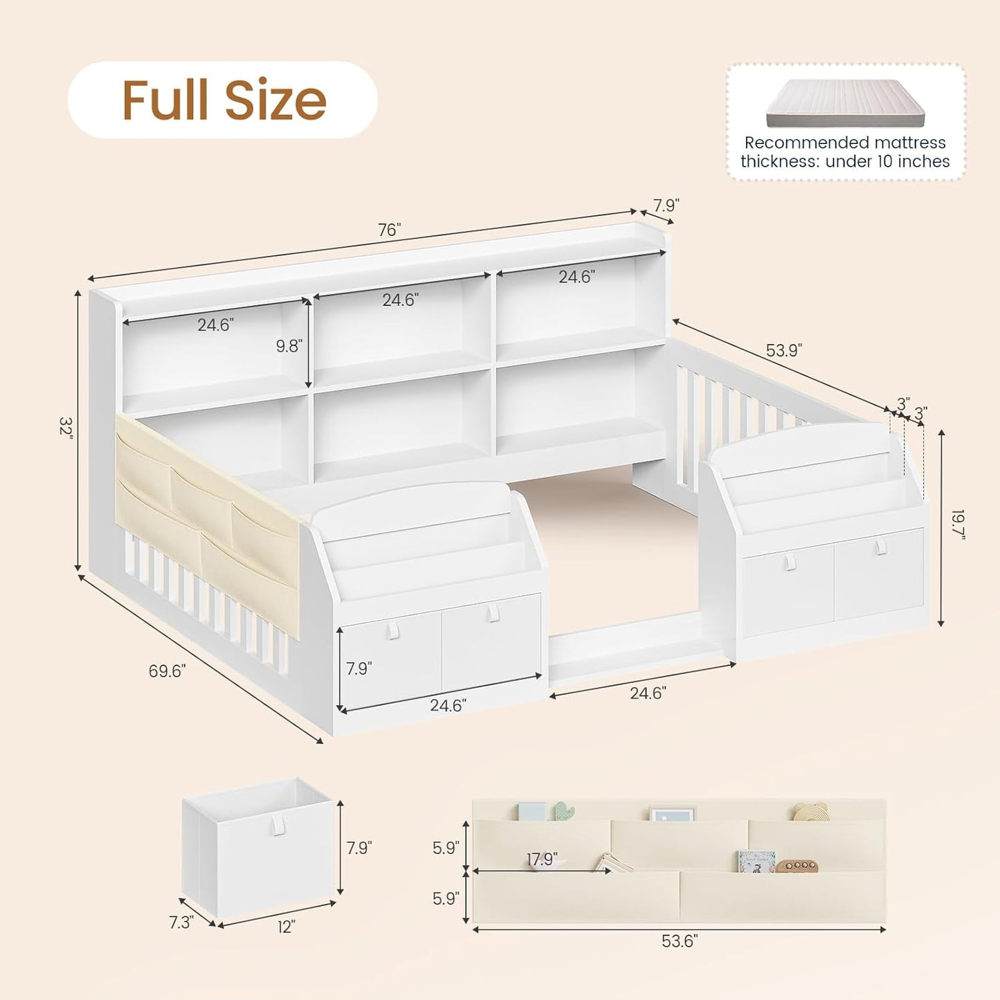 AOGLLATI Full Size Floor Wooden Montessori Bed Frame with 4 Fabric Drawers and Both Sides Bookshelves 2-Tier Side Shelf Side Pockets and Rails