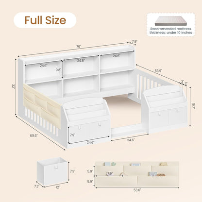 AOGLLATI Full Size Floor Wooden Montessori Bed Frame with 4 Fabric Drawers and Both Sides Bookshelves 2-Tier Side Shelf Side Pockets and Rails