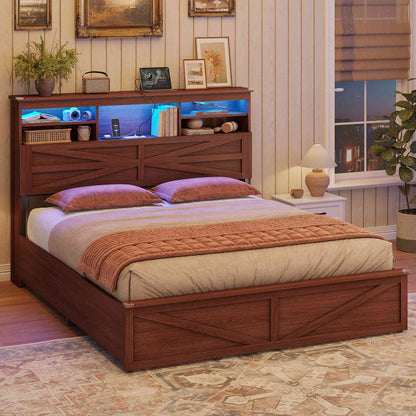 AOGLLATI Farmhouse Bed Frame Queen Size with Lift Up Storage and Hidden Bookcase Storage Headboard Wood Bed Frame with Charging Station and Led Lights