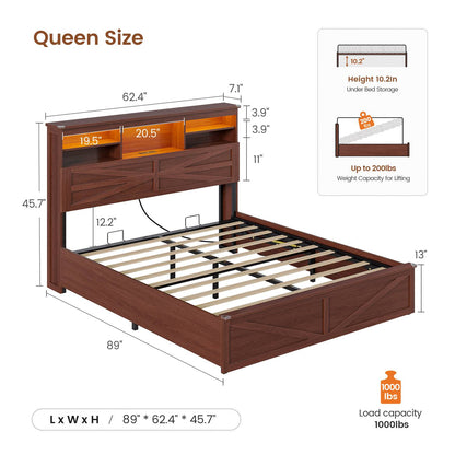 AOGLLATI Farmhouse Bed Frame Queen Size with Lift Up Storage and Hidden Bookcase Storage Headboard Wood Bed Frame with Charging Station and Led Lights
