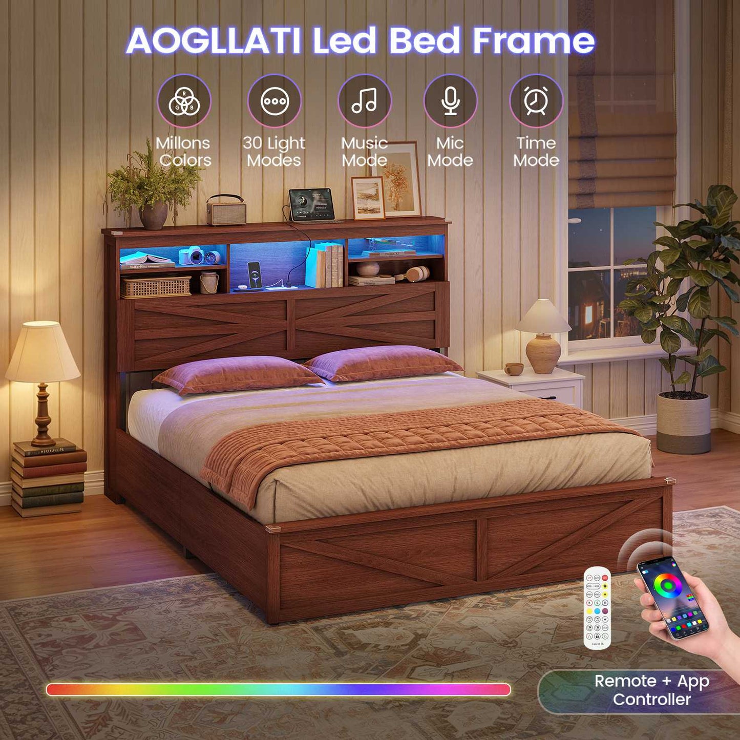 AOGLLATI Farmhouse Bed Frame Queen Size with Lift Up Storage and Hidden Bookcase Storage Headboard Wood Bed Frame with Charging Station and Led Lights