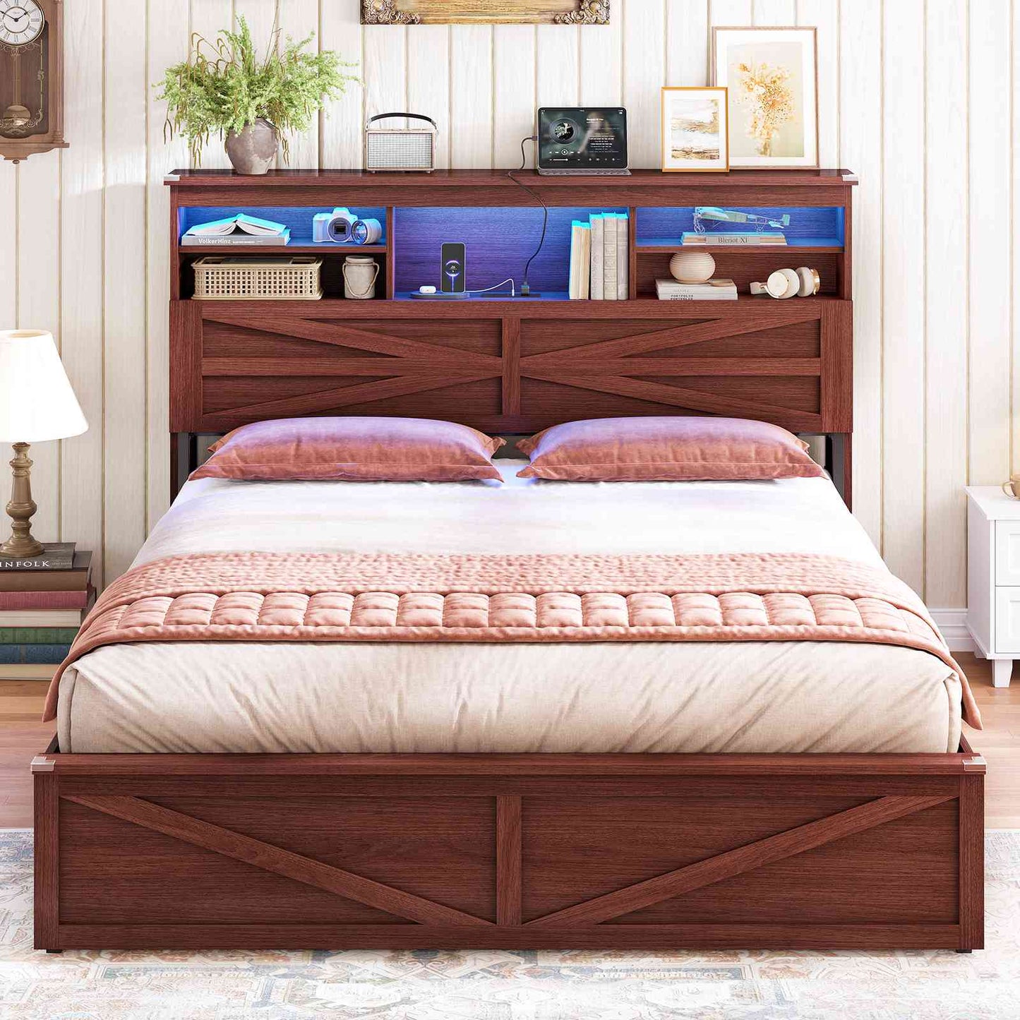 AOGLLATI Farmhouse Bed Frame Queen Size with Lift Up Storage and Hidden Bookcase Storage Headboard Wood Bed Frame with Charging Station and Led Lights