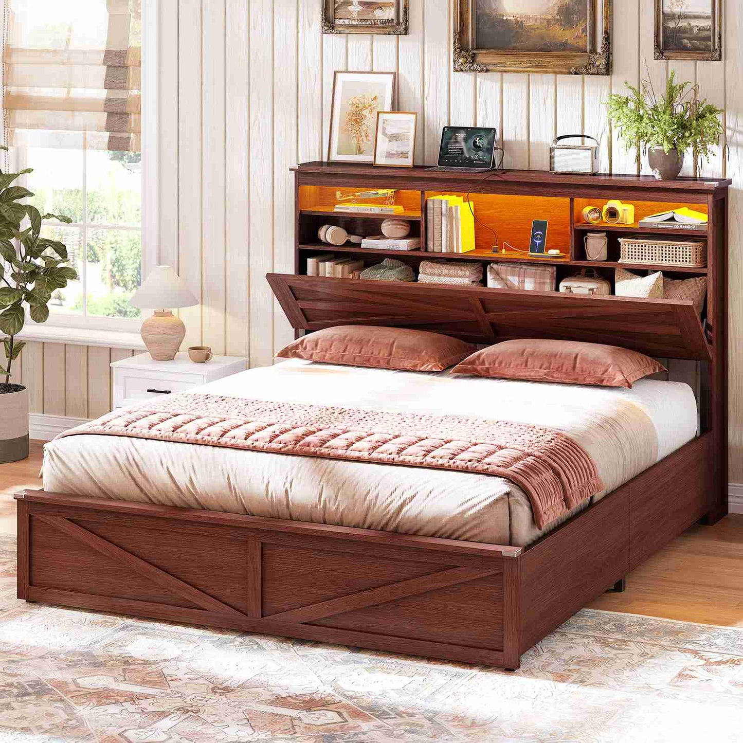 AOGLLATI Farmhouse Bed Frame Queen Size with Lift Up Storage and Hidden Bookcase Storage Headboard Wood Bed Frame with Charging Station and Led Lights